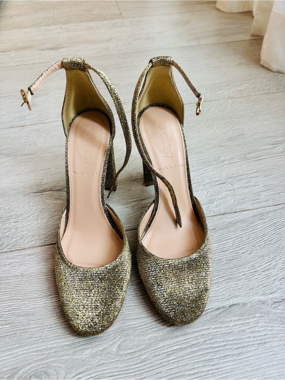 J. Crew Metallic Gold Glitter Ankle-Strap Heels